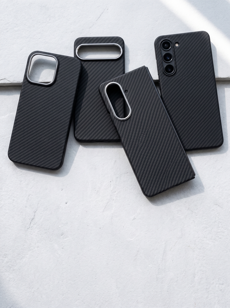 Aramid fiber cases for iPhone, Galaxy, Pixel and Galaxy Z Fold on pale stone