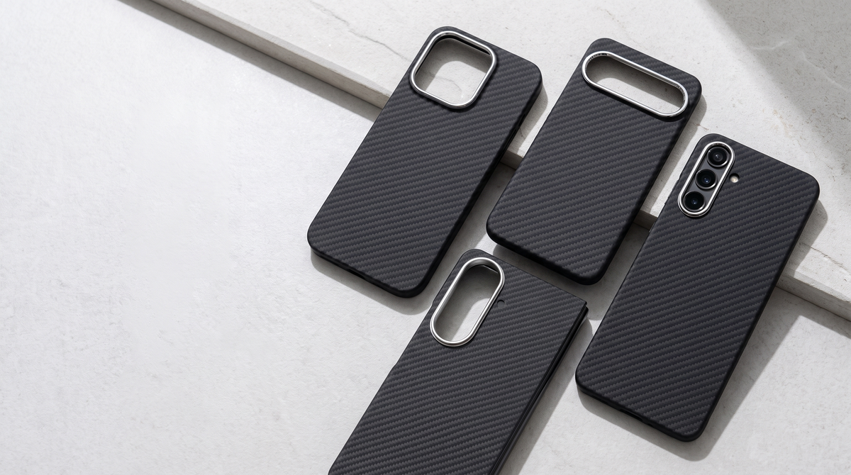 Aramid fiber cases for iPhone, Galaxy, Pixel and Galaxy Z Fold on pale stone